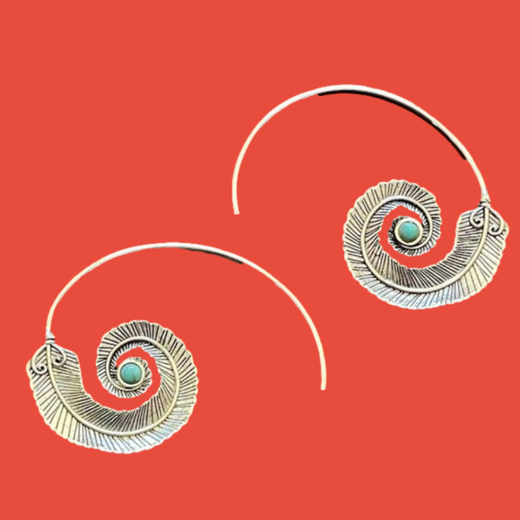 Medium Silver Feather Spiral Earrings in Red or Turquoise Blue #686 - Picture 8 of 11
